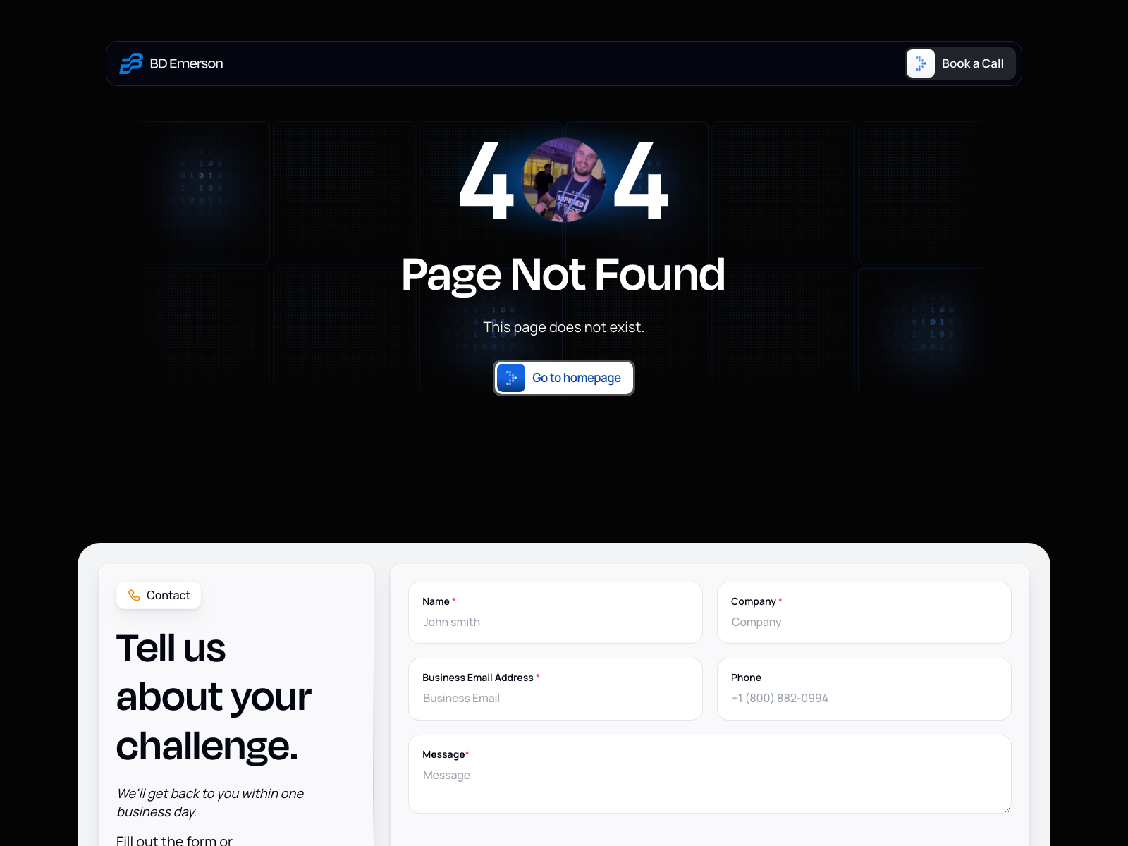 404 page with a portrait set inside the...
