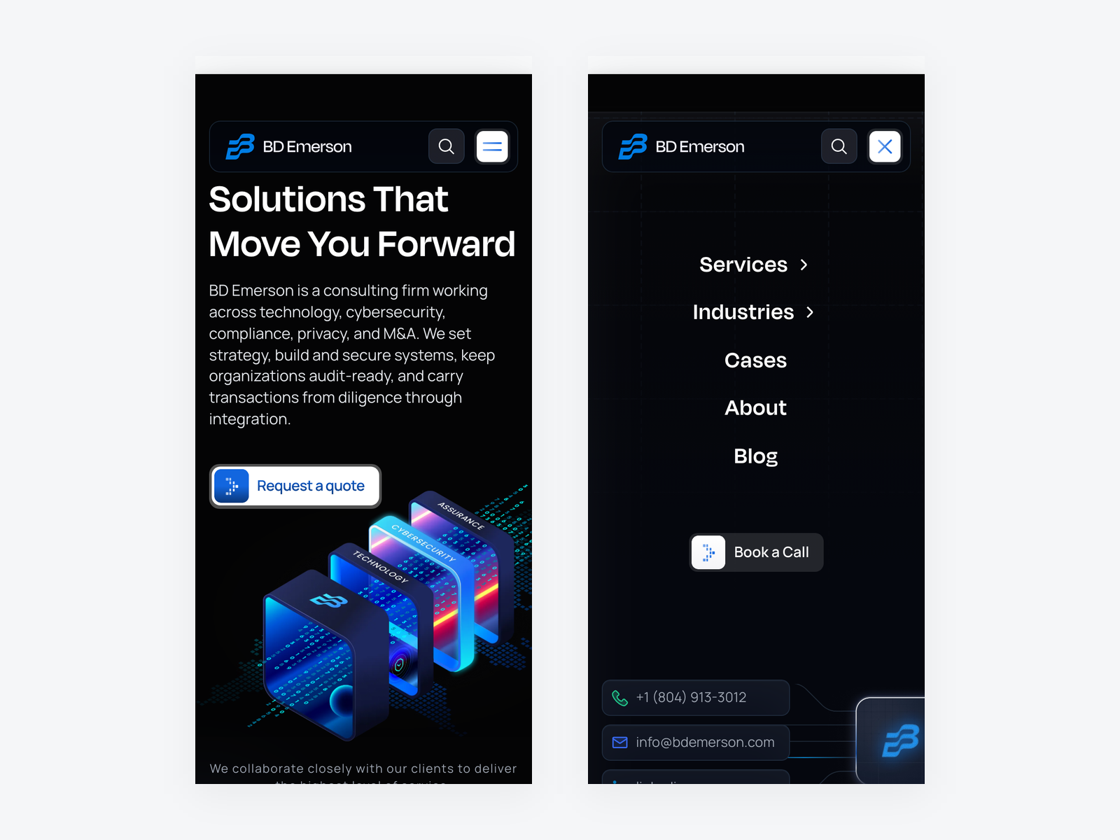 Mobile menu, closed and open, full-screen...