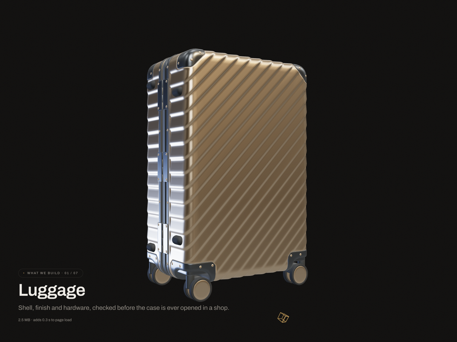 Scroll story: luggage, from wireframe to material to open