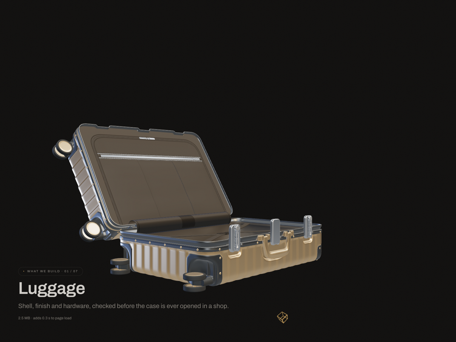 Scroll story: luggage, from wireframe to material to open