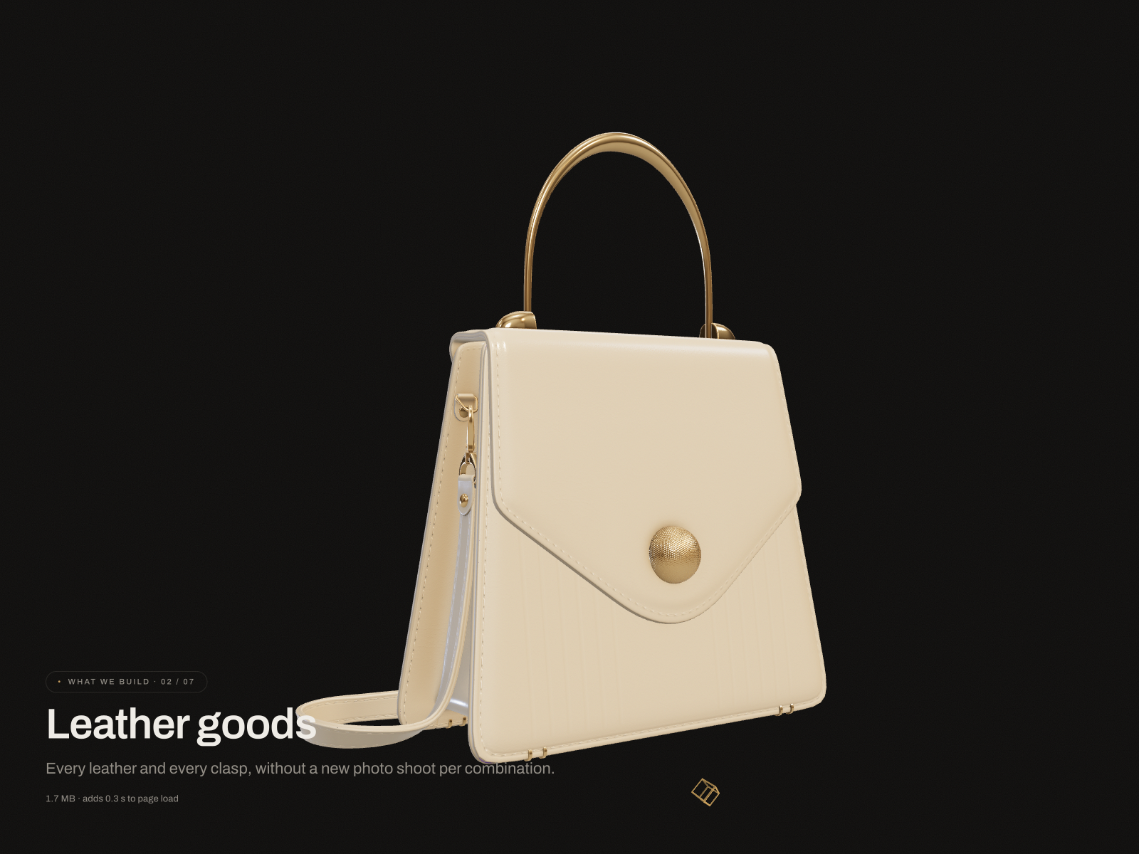 Scroll story: leather goods, the bag builds and opens as you scroll