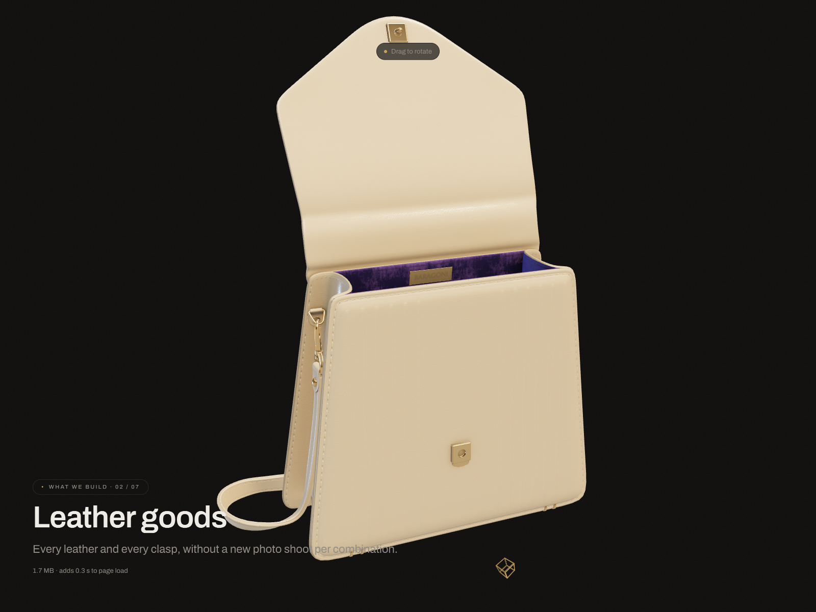 Scroll story: leather goods, the bag builds and opens as you scroll