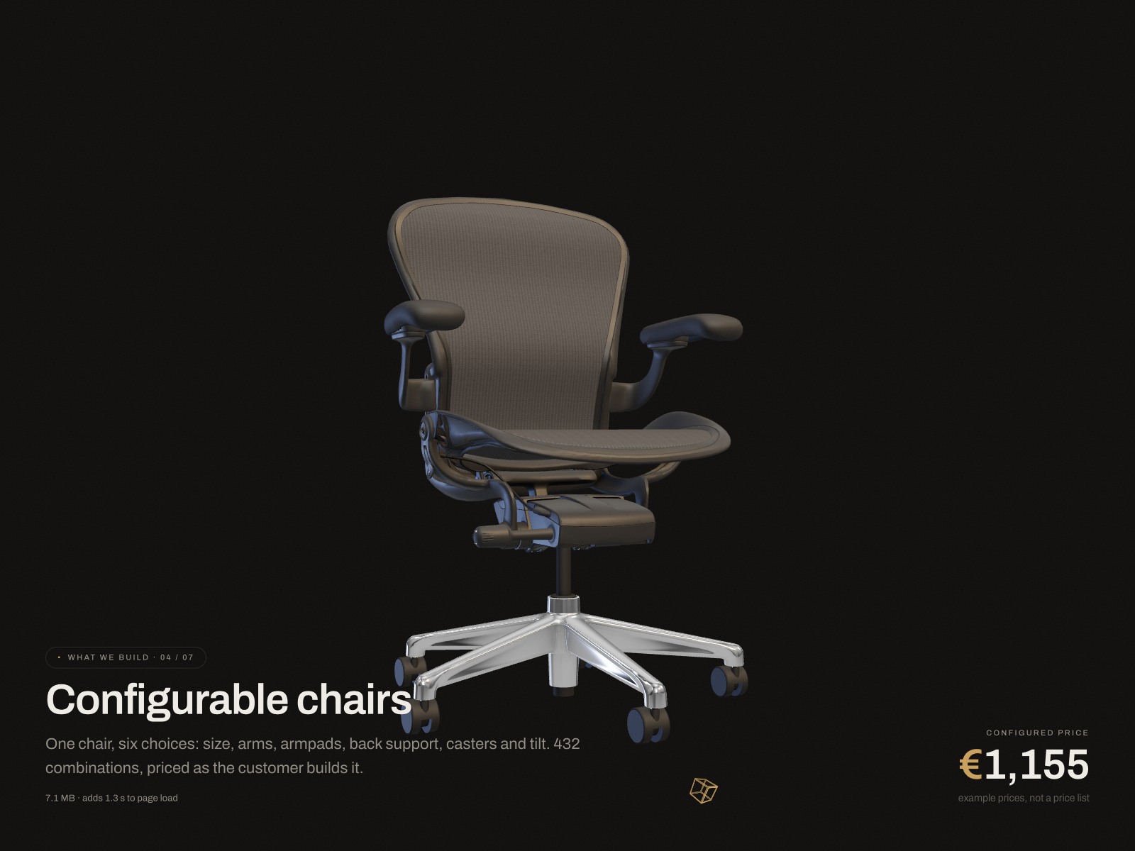 Scroll story: configurable chair, options and price update as the customer builds