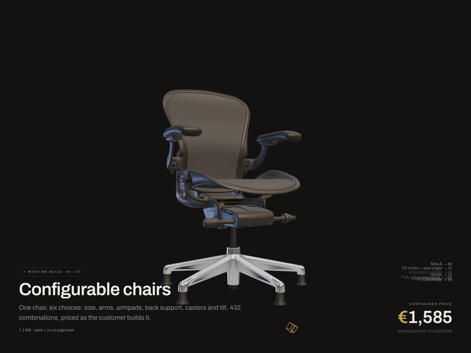 Scroll story: configurable chair, options and price update as the customer builds