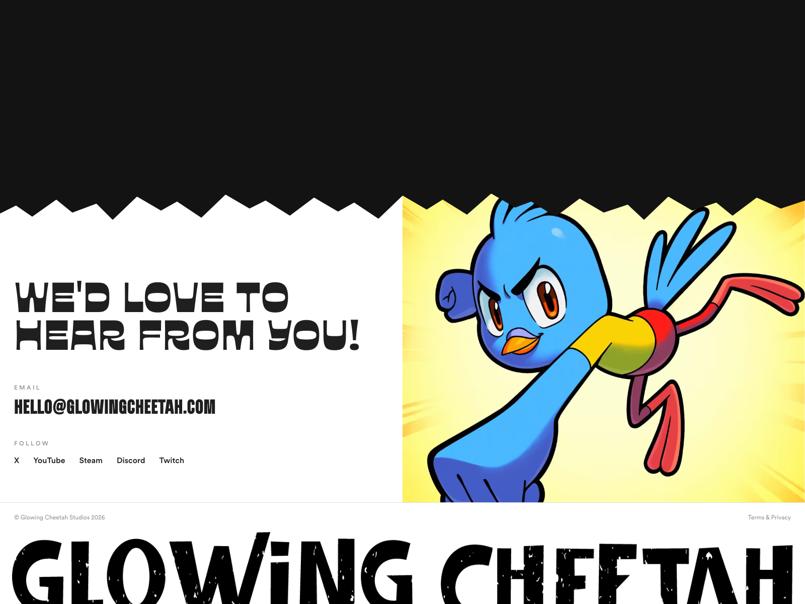 Torn-edge contact footer with mascot