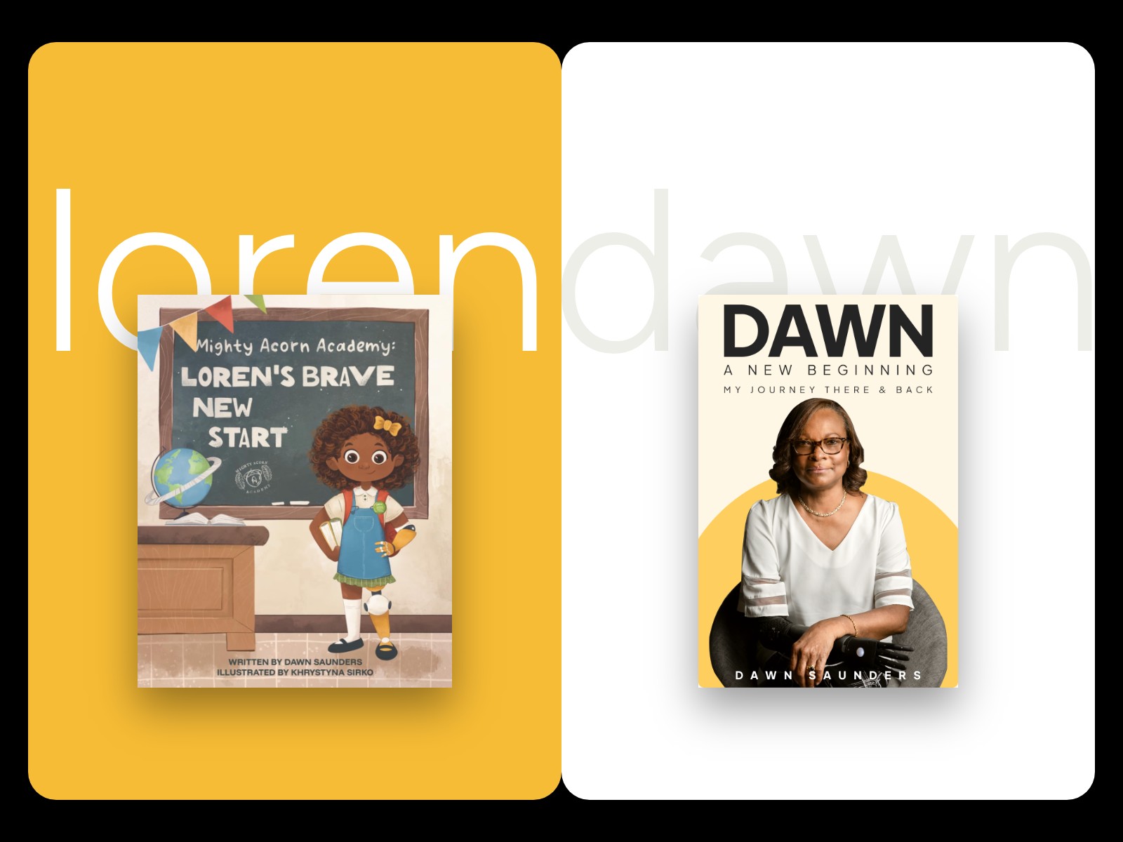 Split book panels with giant wordmarks