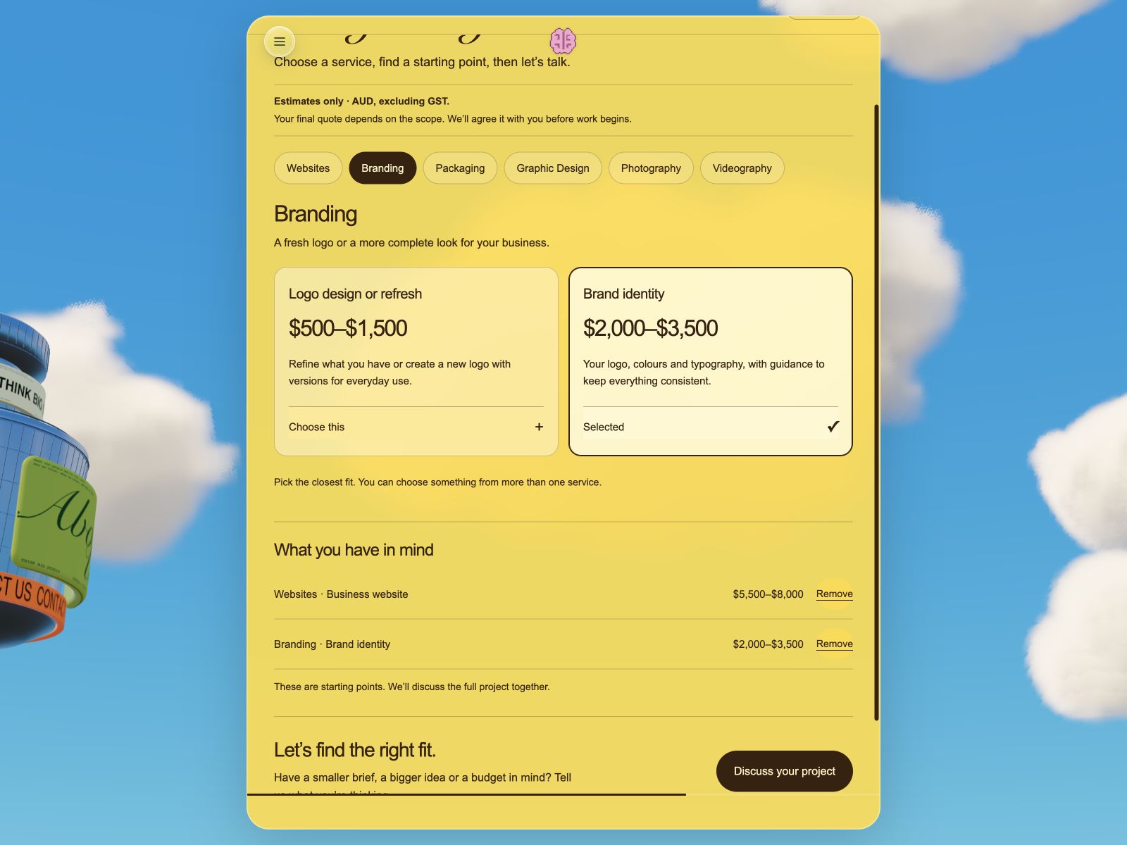Select services and build a project estimate