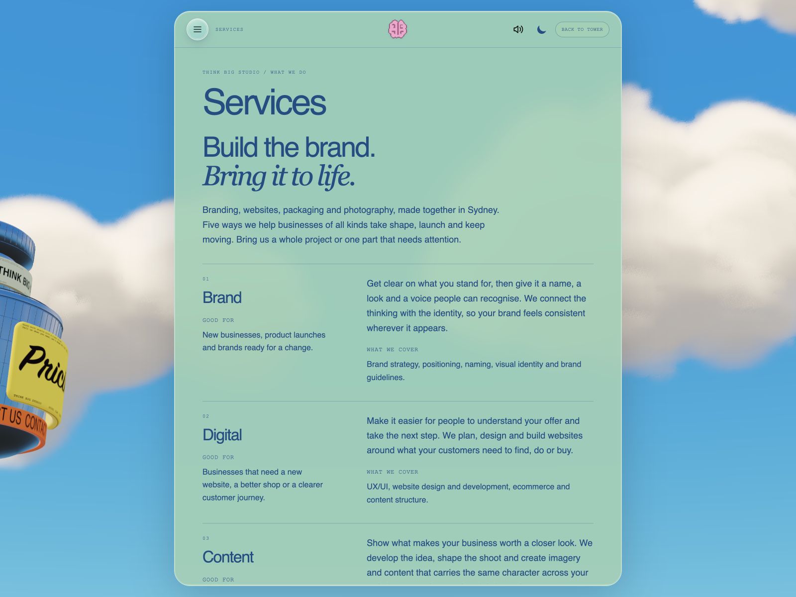 A color-coded services page inside the 3D...