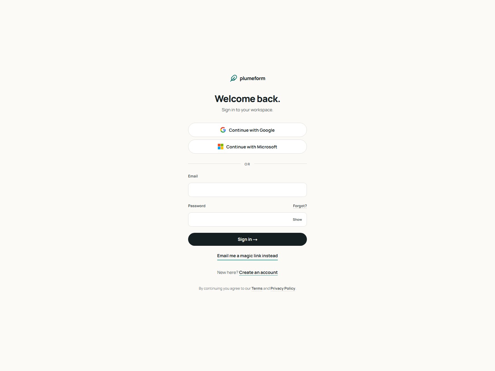 Welcome back / Create your workspace