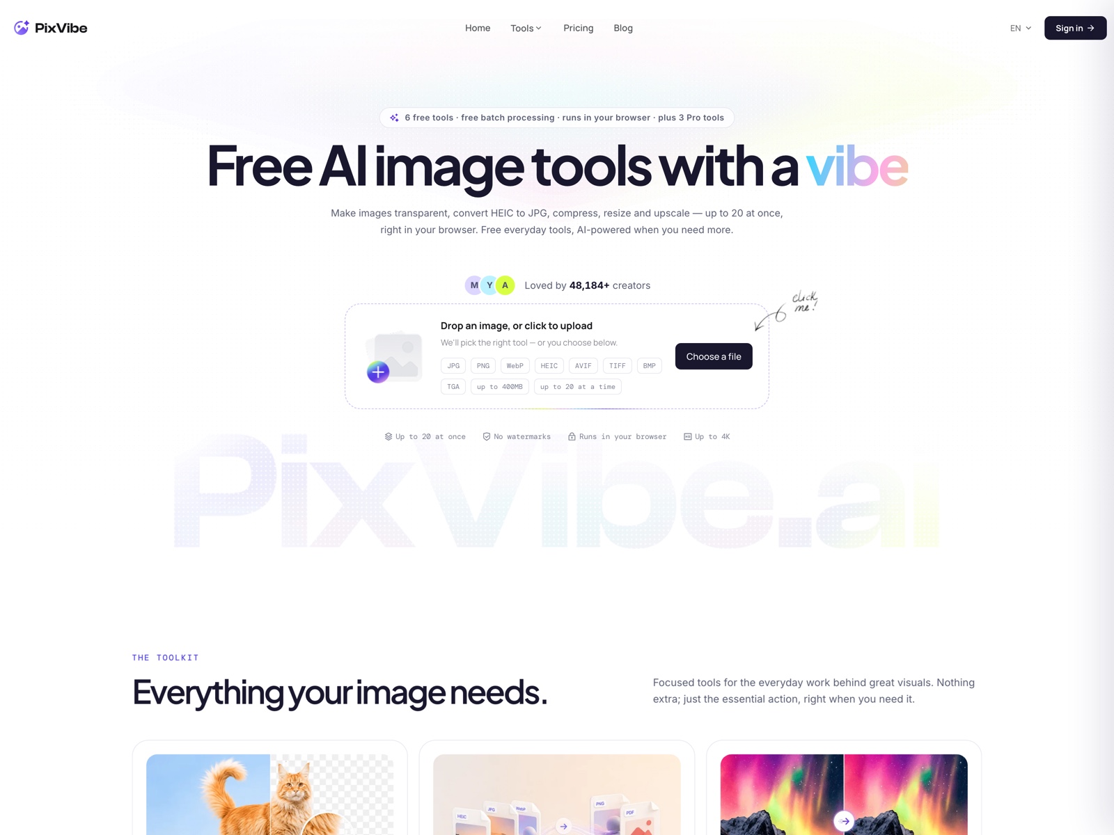 Home hero: drop an image, pick a tool