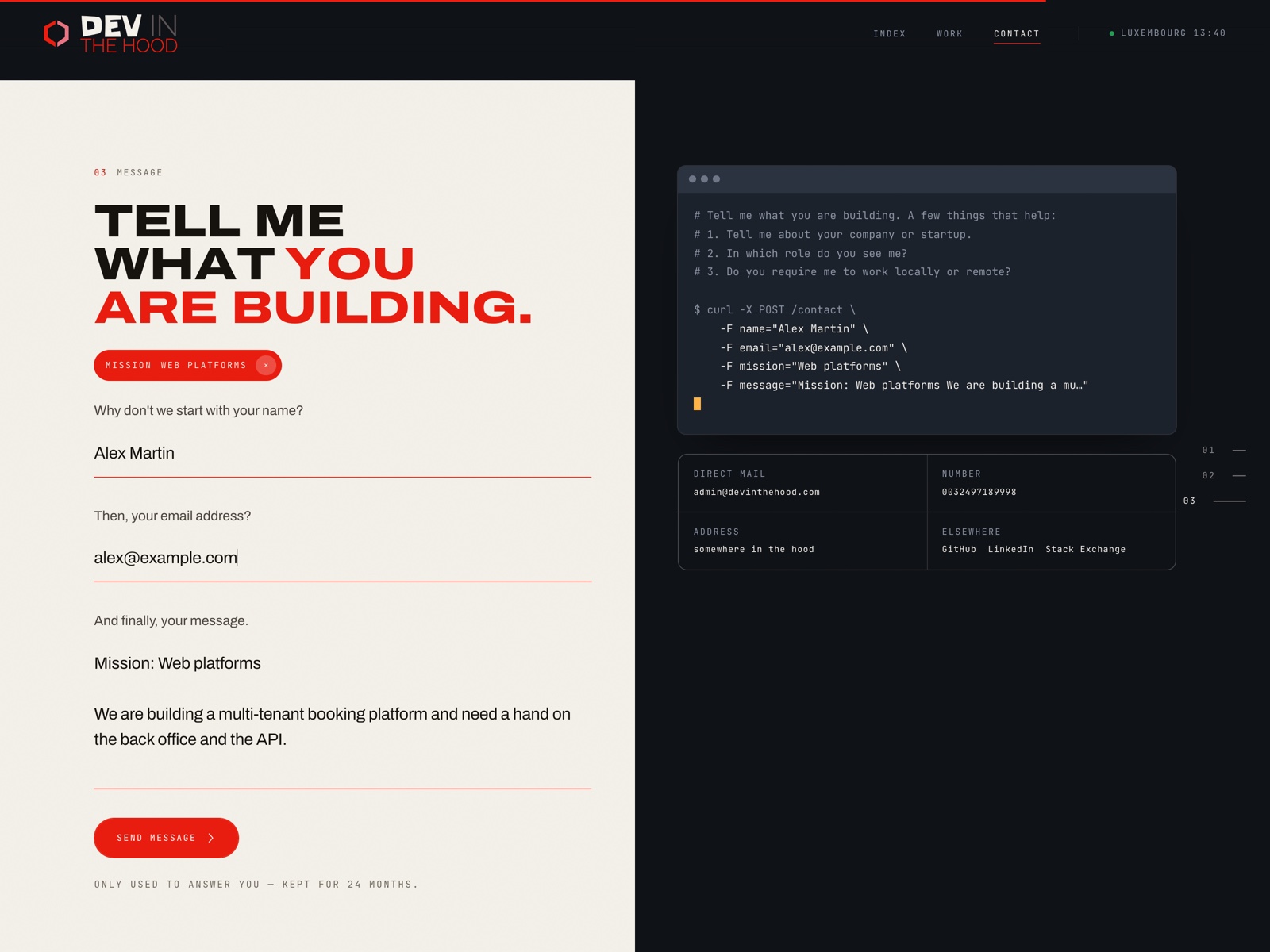 A contact form that shows its own request