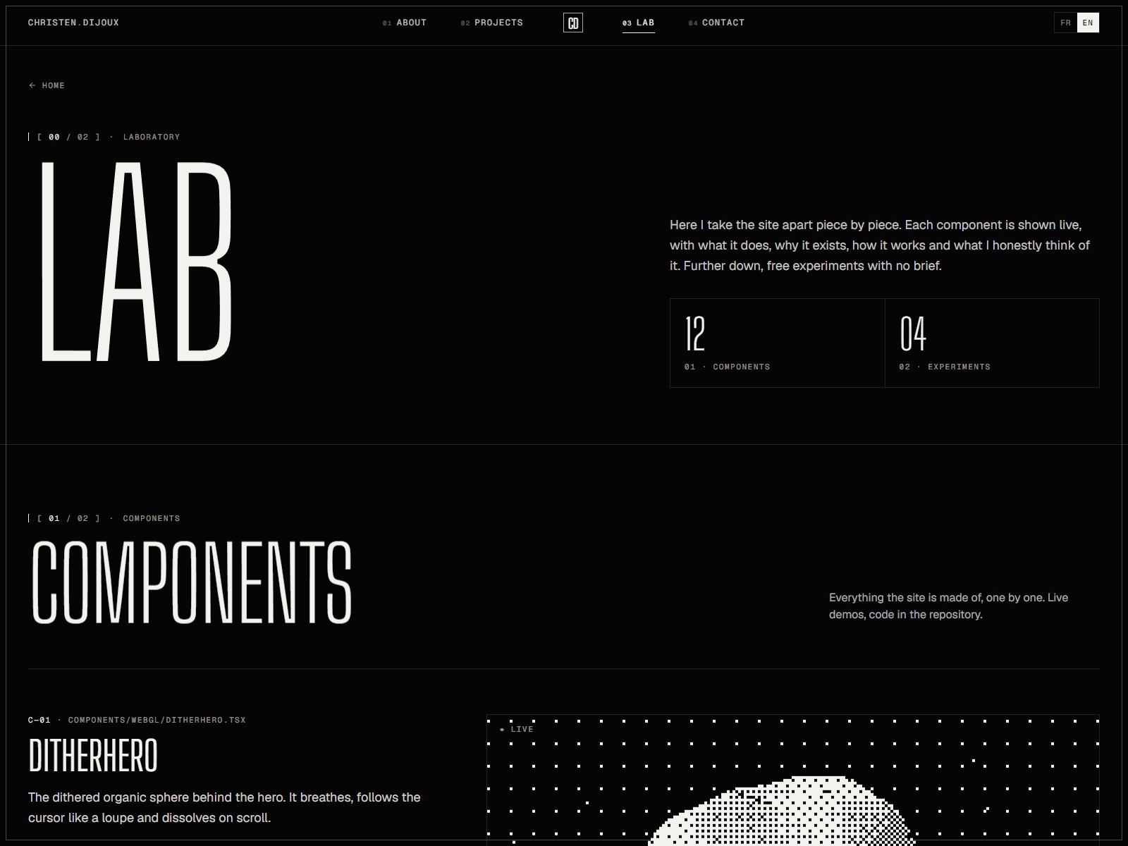 Numbered editorial menu — symmetric, active section, full-screen on mobile