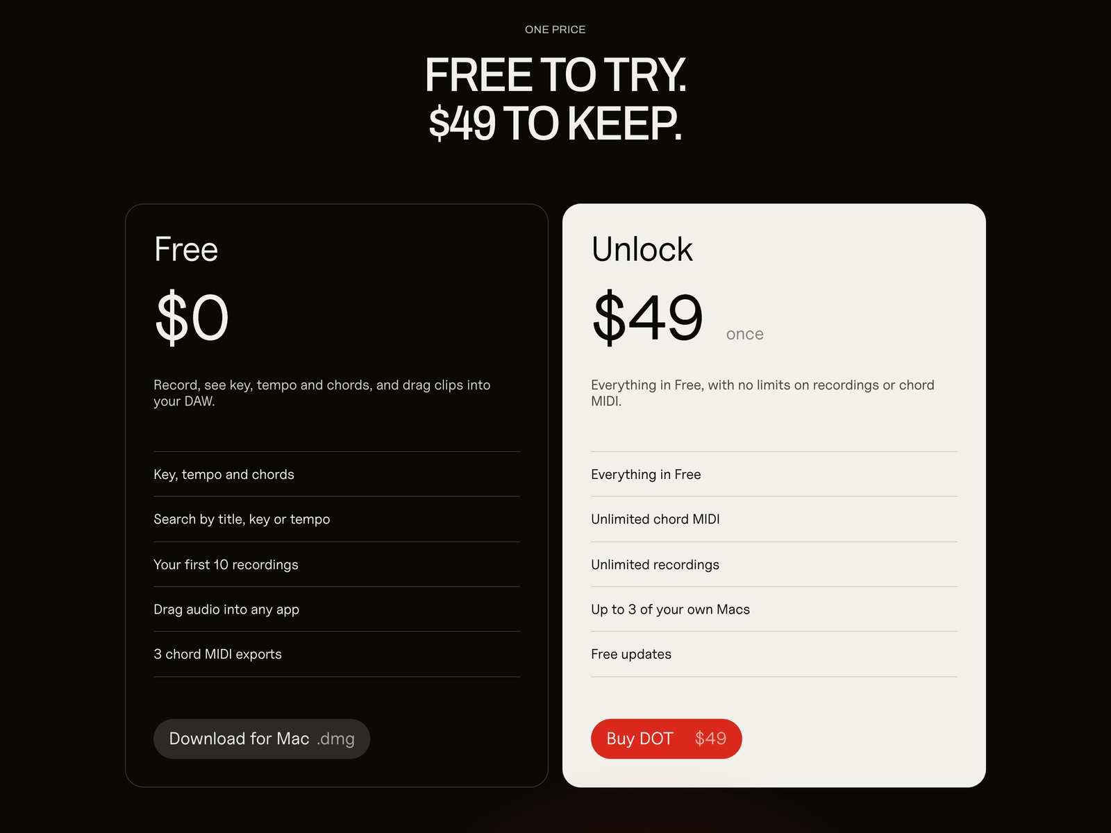 One price: free to try, $49 to keep