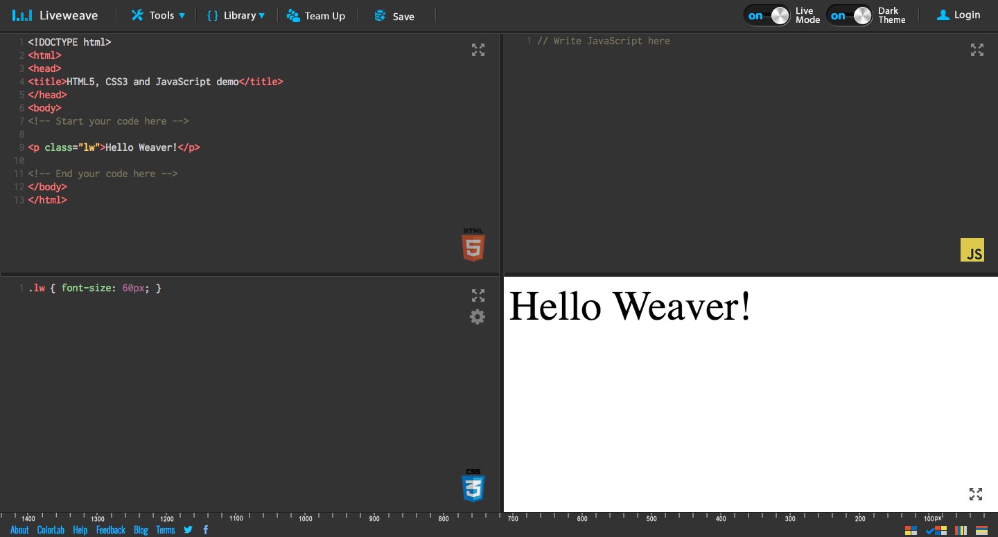 Liveweave - HTML5, CSS3 & JavaScript playground for web designers & developers