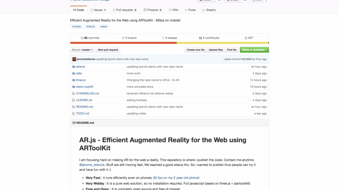 jeromeetienne/AR.js: Efficient Augmented Reality for the Web using ARToolKit - 60fps on mobile!