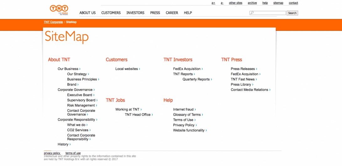 SiteMap | Welcome to TNT's corporate website, offering company news and information for investors, press, and other stakeholders