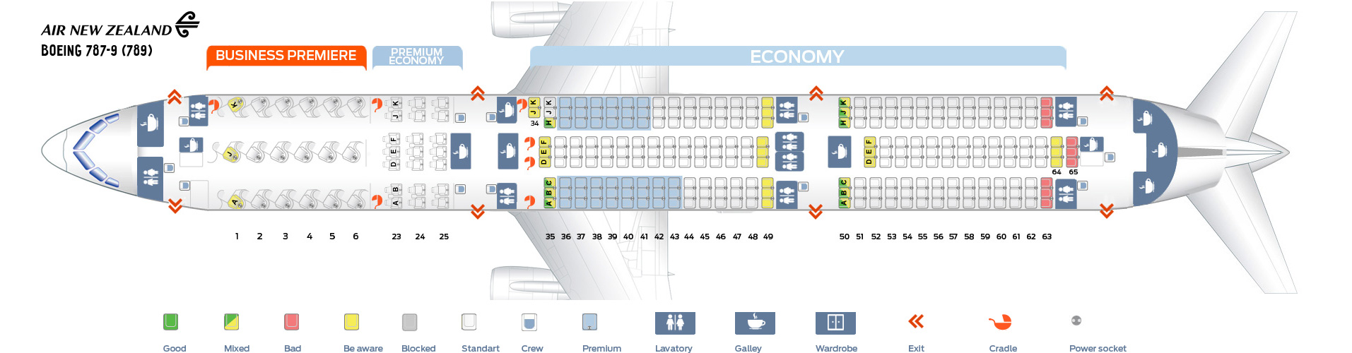 Seat map Boeing 787-9 Dreamliner Air New Zealand. Best seats in the plane