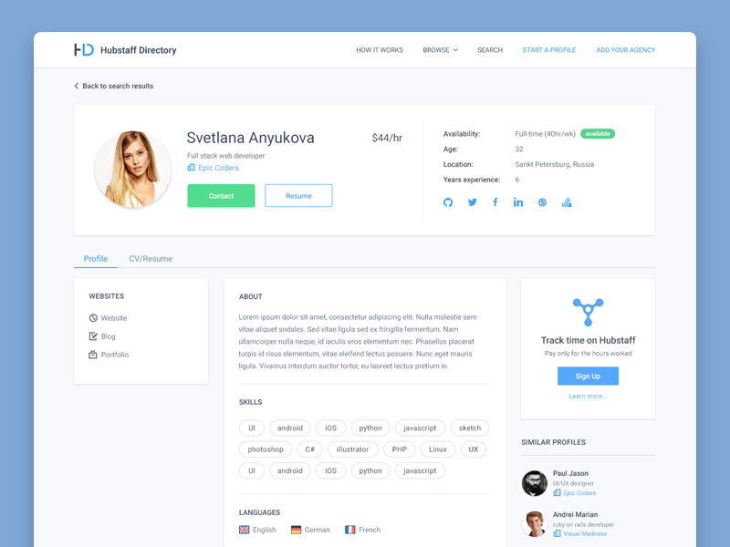 Hubstaff directory - profile page by Adrian Goia - Dribbble