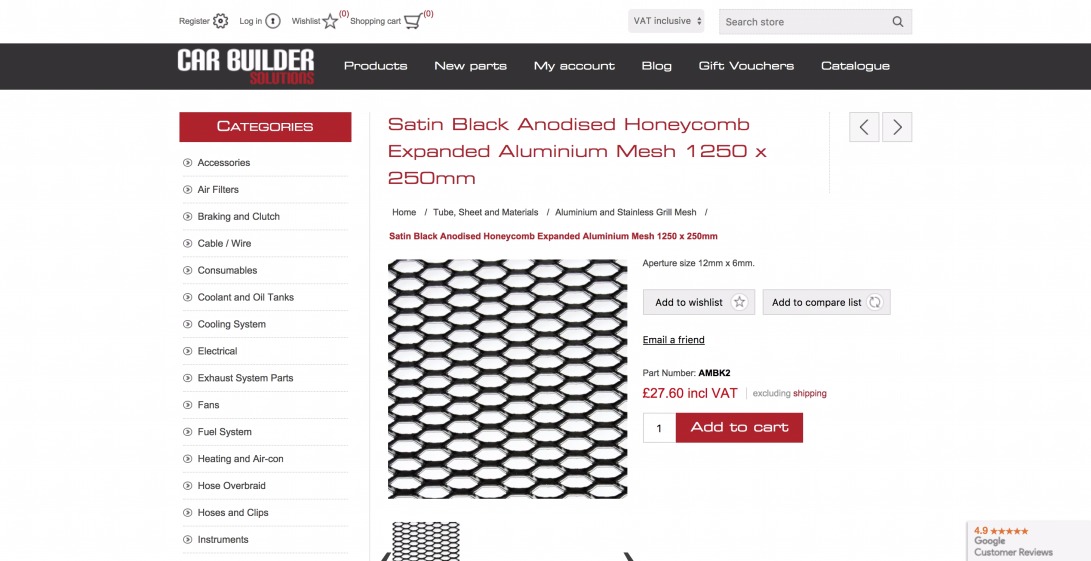 Satin Black Anodised Honeycomb Expanded Aluminium Mesh 1250 x 250mm - Car Builder Solutions - Kit Car Parts and Accessories