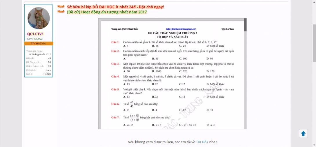 Toán - 100 câu trắc nghiệm chủ đề Tổ hợp - Xác suất (có đáp án) | Diễn đàn HOCMAI - Cộng đồng học tập lớn nhất Việt Nam