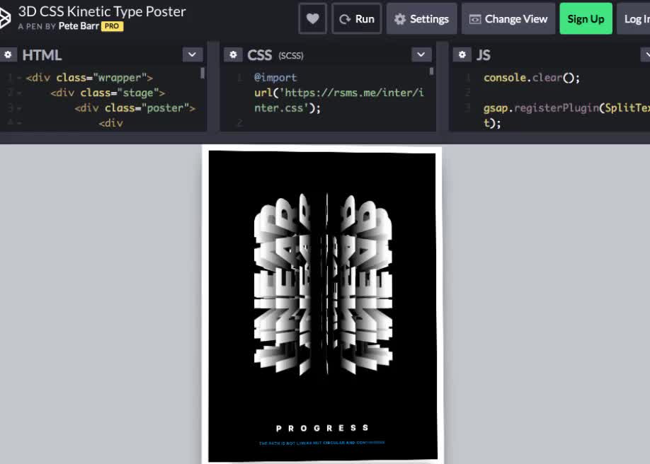 "CodePen Home 3D CSS Kinetic Type Poster" - CSS & JS Animations - Awwwards