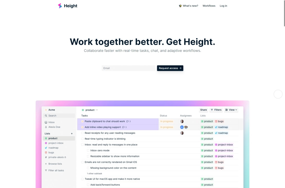 Height - Collaborate faster with tasks, chat, and adaptive workflows.