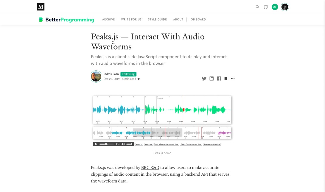 Peaks.js — Interact With Audio Waveforms | by Indrek Lasn | Better Programming | Medium