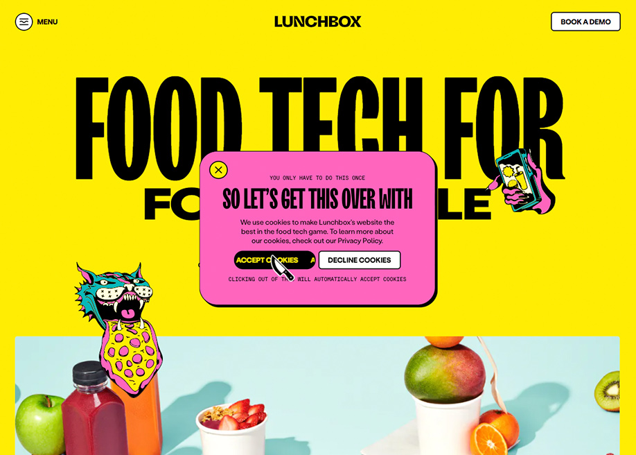 Lunchbox - UX writing  marquee animation on hover cookie message