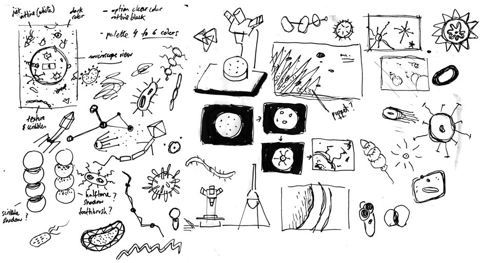 Sketches of microbes and microscopes