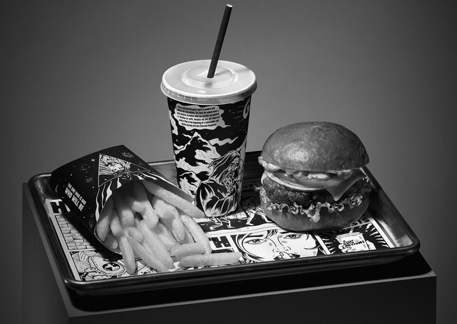 burger, drink and fries on a tray