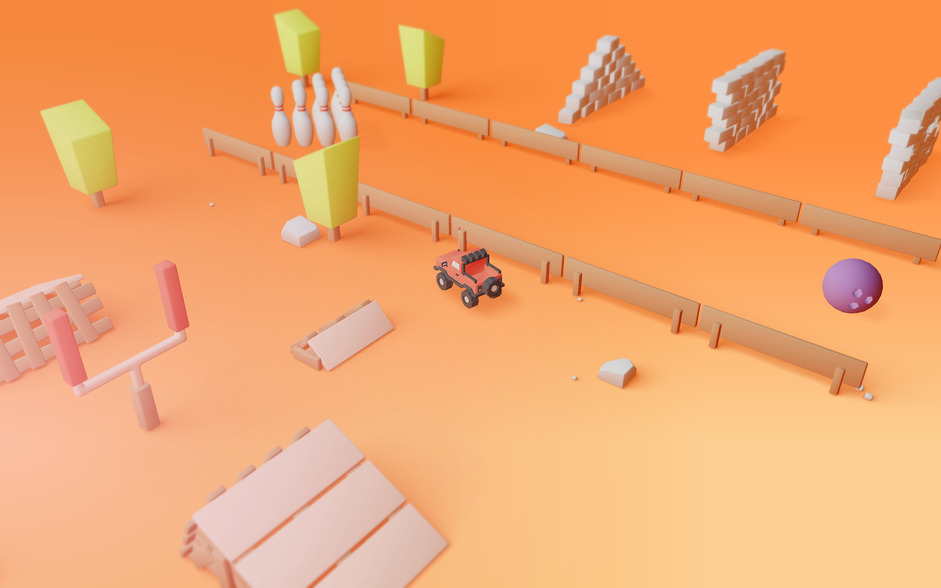 3D Car surrounded by a ramp, bowling pins and various obstacles 