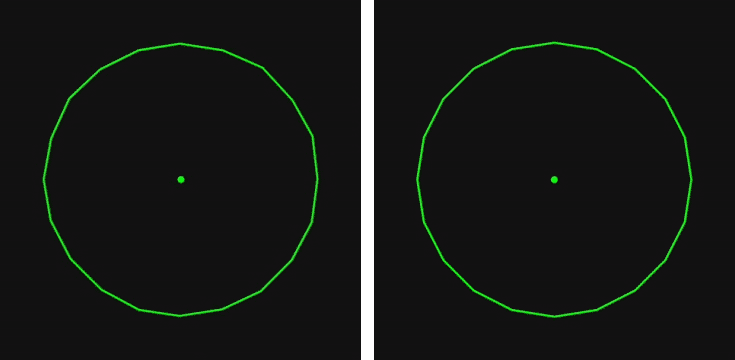 L: the initial particle system. R: with radius stabilisation.
