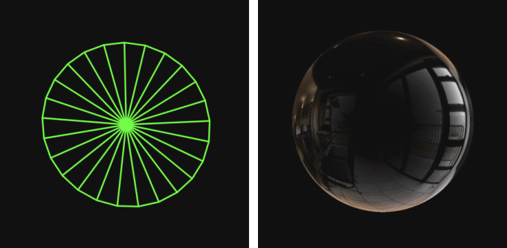 L: the bubble’s underlying triangle mesh. R: our custom reflection shader.