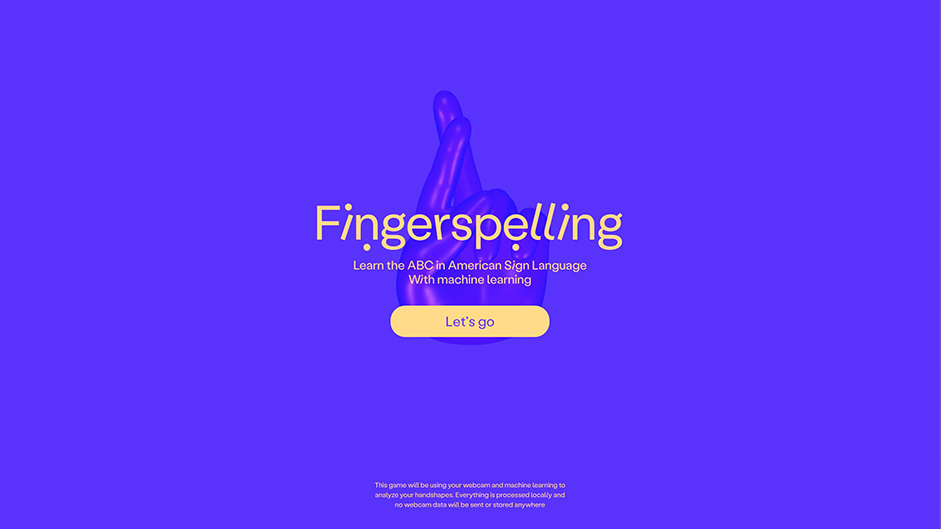 Purple background with a 3d hand model, lettering logo and a cat button to access the page