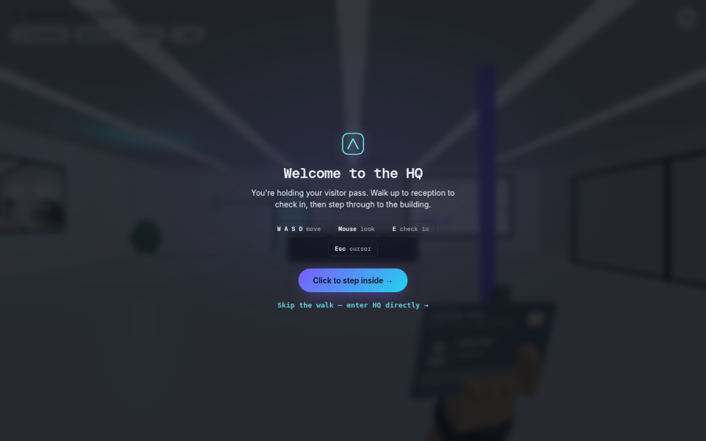 Enter HQ — First-Person Visitor Lobby